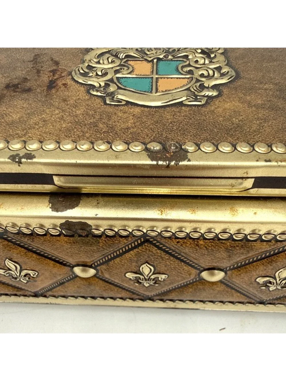 Vtg Ornate Metal Jewelry Box Crest Design Gold & Silver Tones Footed Base